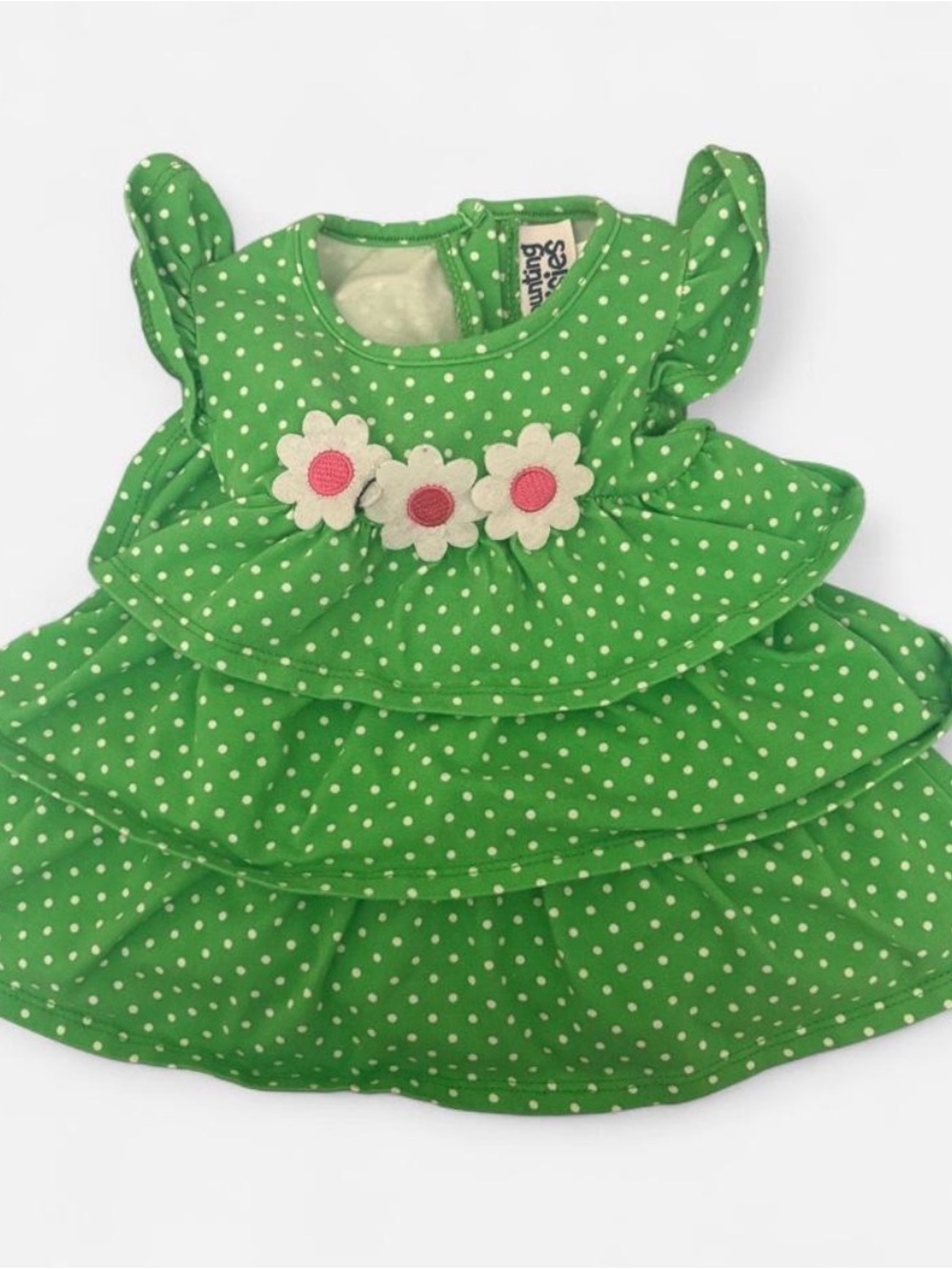 Green Polka Dot Ruffle Dress with Floral Appliqués - Unknown Brand